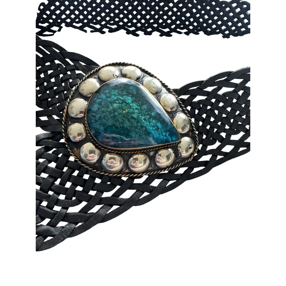 Vintage Black Braided Leather Extra Wide Statement belt Malachite Turquoise